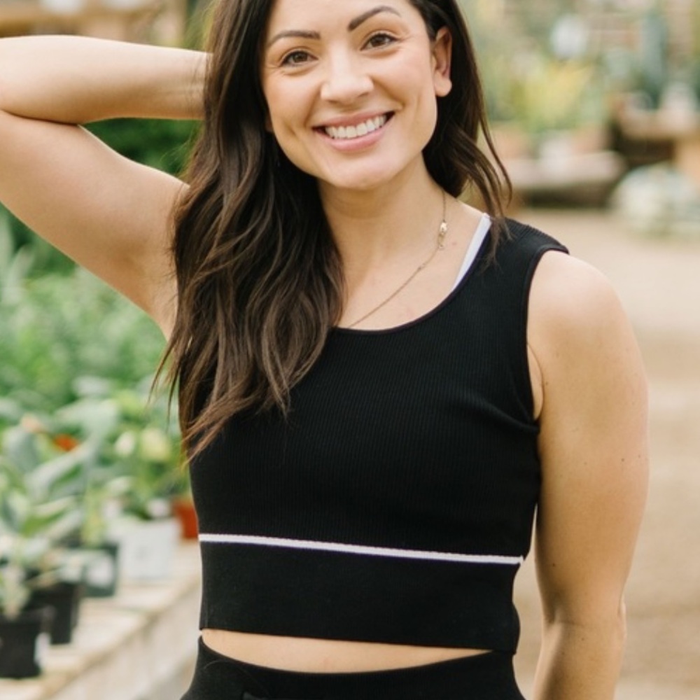 ZYIA Black Ribbed Crop Top with White Trim